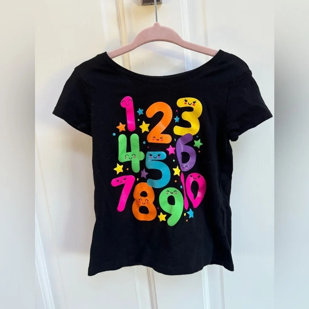 NWOT The Children’s Place 3T Girls Black Sparkly Multicolor Number Short Sleeve